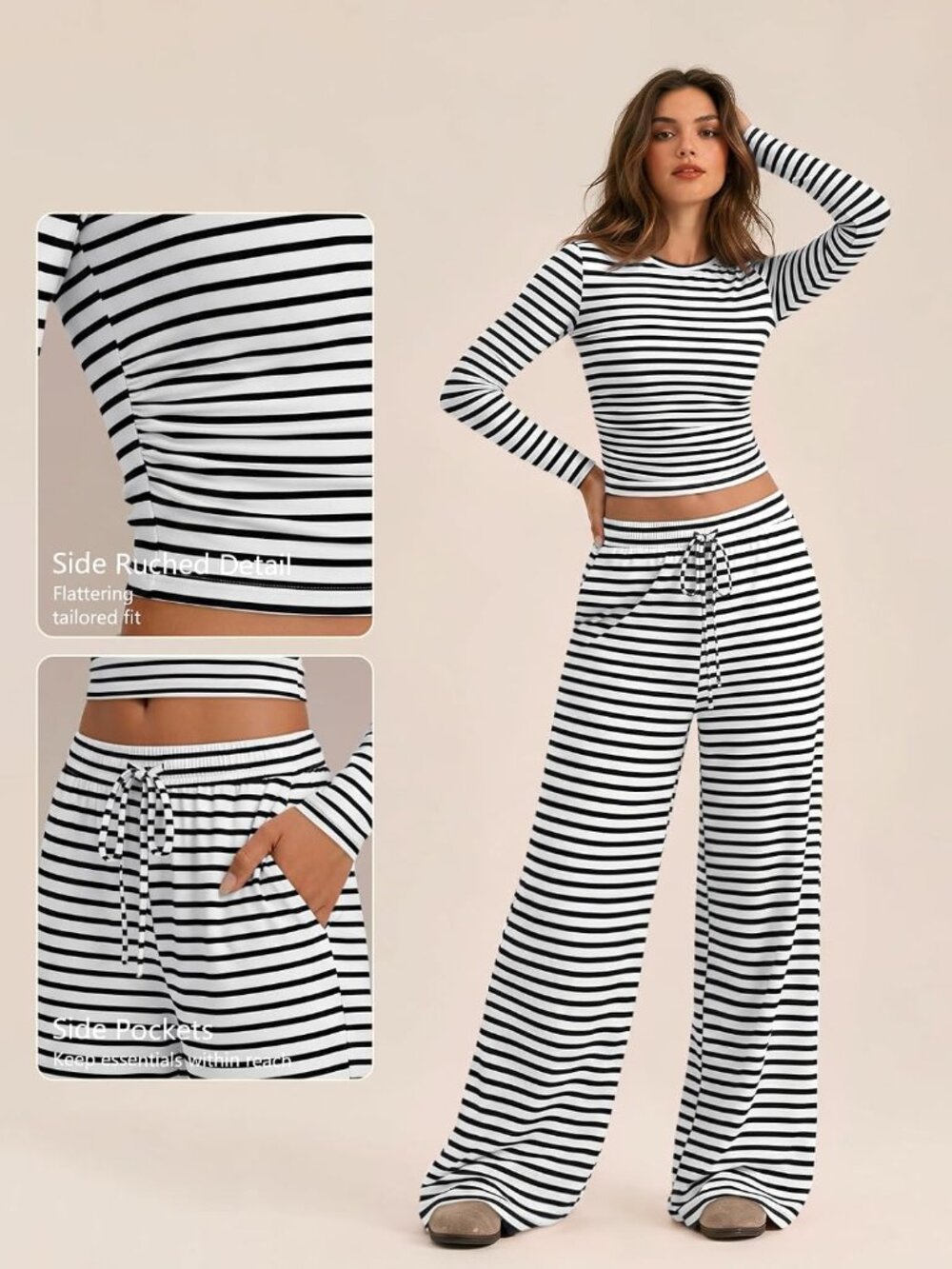 Women Striped White Black Winter Style Airport Lounge Set Pockets Wide Leg Pants - Picture 5 of 6